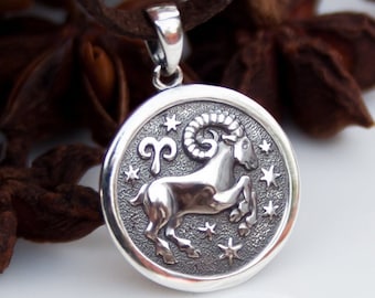 Aries Necklace Zodiac Pendant Necklace 925 Sterling Silver /Horoscope sign medallion/ Astrology Jewelry for Men Women