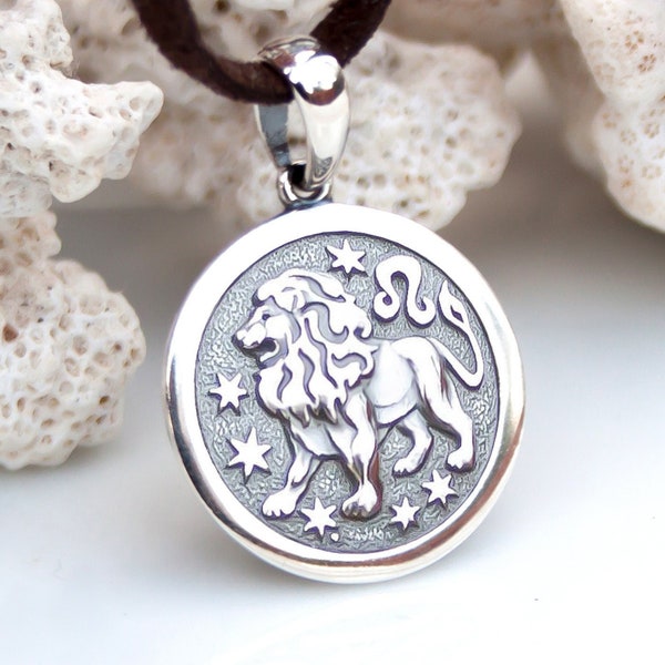 Leo Necklace Zodiac Pendant Necklace 925 Sterling Silver /Horoscope sign medallion/ Astrology Jewelry for Men Women