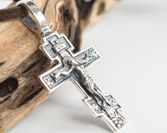 Cross Necklace for Men Women 925 Sterling Silver. Double-Sided Crucifix Jesus Christ Pendant. Unique Religious Christian Orthodox Jewelry