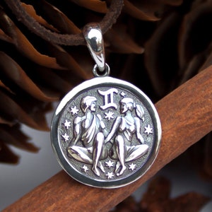 Gemini Zodiac Pendant Necklace / 925 Sterling Silver /Horoscope Sign Coin Medallion/ Astrology Jewelry for Men Women