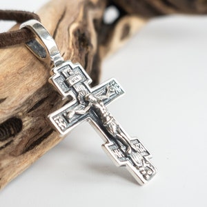 Cross Necklace for Men Women 925 Sterling Silver. Double-Sided Crucifix Jesus Christ Pendant. Unique Religious Christian Orthodox Jewelry