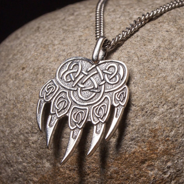 Viking Bear Paw Pendant Necklace /925 Sterling Silver/ Guardian Amulet with Celtic Knot