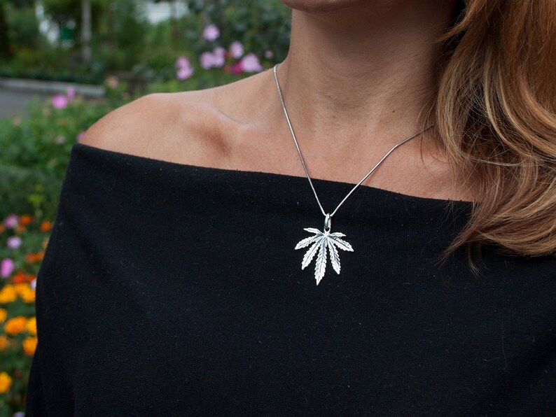 Large Marijuana leaf necklace - 925 Sterling Silver - Pot leaf Cannabiss leaf Pendant - Weed jewelry Ganja Happy Hippie gifts for Men Women image 2