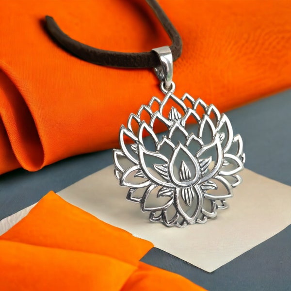 Large Lotus Flower Pendant Necklace For Women - 925 Sterling Silver - Spiritual Hippie Namaste jewelry - Yoga Gifts for Her - Handmade