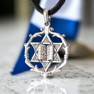 Jewish Star of David Pendant Necklace wirh Torah - 925 Sterling Siver 6 CZ - Hebrew Judaica jewelry