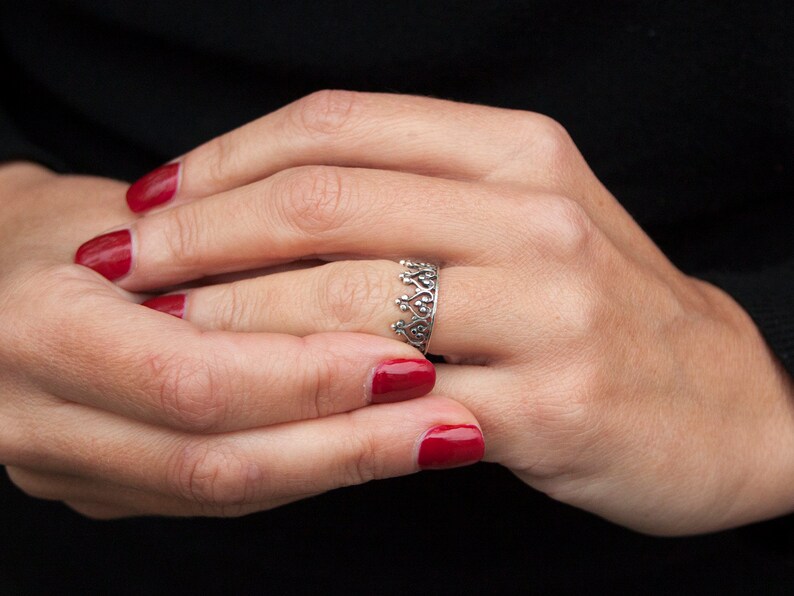 Oxidized Crown Tiara Queen Ring - .925 Sterling Silver Band, Sizes 4-10, Royal-Inspired Jewelry - View #9