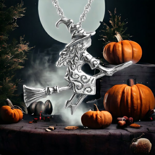 Collier pendentif sorcière volante sur manche à balai avec chaîne en argent 45,7 cm – Argent sterling 925 – Bijoux gothiques pour femmes et filles – Cadeau d'Halloween