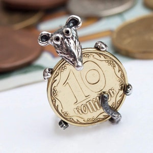 Money Amulet Mouse Rat on Coin. 925 Sterling Silver Charm. Talisman for Attracting Wealth. Gift for Money