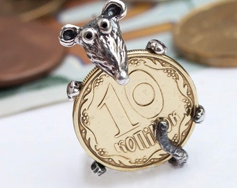 Money Amulet Mouse Rat on Coin. 925 Sterling Silver Charm. Talisman for Attracting Wealth. Gift for Money