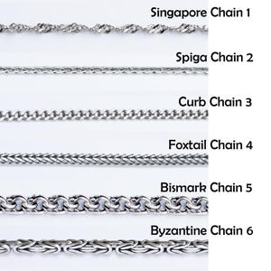 May include: Six different types of silver chains are shown in a row, with the name of each chain type labeled above it. The chains are: Singapore Chain 1, Spiga Chain 2, Curb Chain 3, Foxtail Chain 4, Bismark Chain 5, and Byzantine Chain 6.