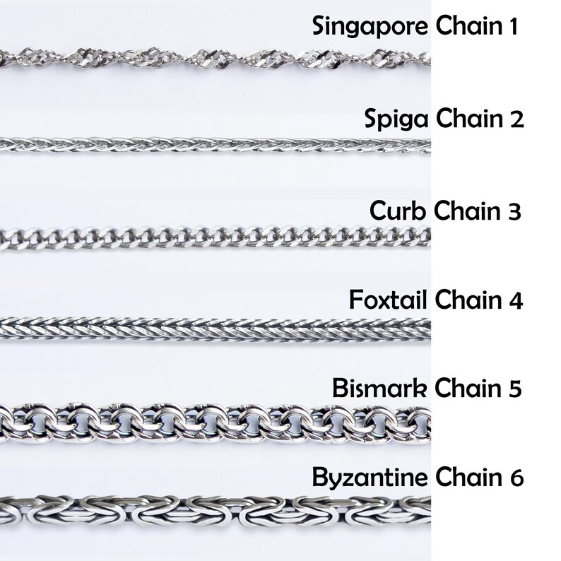 May include: Six different types of silver chains are shown in a row, with the name of each chain type labeled above it. The chains are: Singapore Chain 1, Spiga Chain 2, Curb Chain 3, Foxtail Chain 4, Bismark Chain 5, and Byzantine Chain 6.