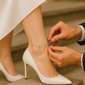 May include: A gold anklet with small, round, clear gemstones and a delicate chain. The anklet is being fastened on a person's ankle. The person is wearing white high-heeled shoes.