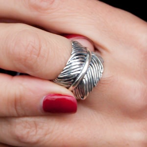 Bague plume d&#39;ange / Argent sterling 925 / Bague ajustable et redimensionnable / Bijou bohème pour femme