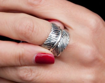 Angel Feather band ring / 925 Sterling Silver / Adjustable Resizable Rings / Boho jewelry women