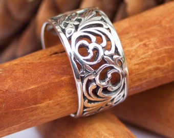 Norwegian Rosemaling ring - 925 Sterling Silver- Folk Floral Filigree band rings - Nordic Norse Norway Jewelry for Women