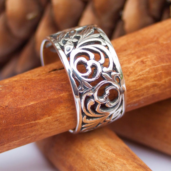 Norwegian Rosemaling ring - 925 Sterling Silver- Folk Floral Filigree band rings - Nordic Norse Norway Jewelry for Women