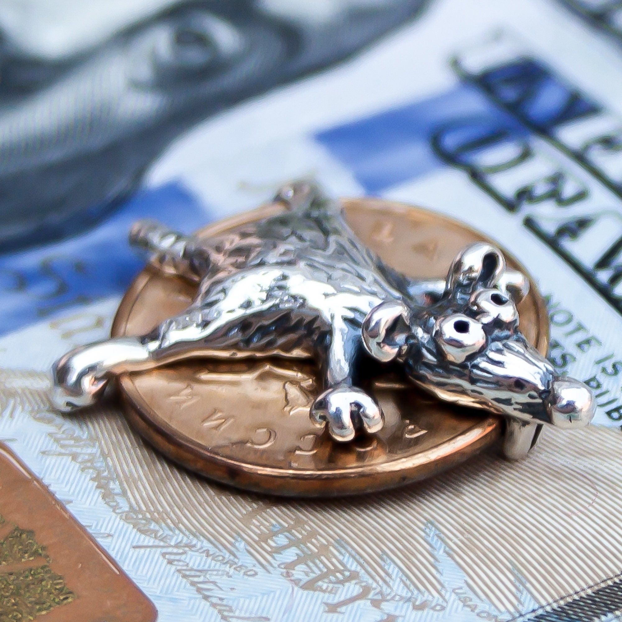 Money Amulet Mouse Rat on Coin - 925 Sterling Silver Purse Charm - Talisman for Attracting Wealth -Gift for Money