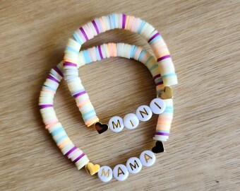 Mama and Mini Heishi Bracelet Set, Matching Name Bracelets