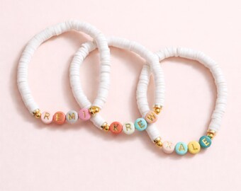 Personalized Name Bracelet, Custom Kids Beaded Bracelet, White Heishi Bracelet, Letter Bead Bracelet, Friendship Gift
