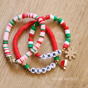 Custom Christmas Bracelet Stack, Personalized Holiday Jewelry, Red Green Pink Beaded Bracelet, Christmas Gift for Her, Beaded Bracelet Set