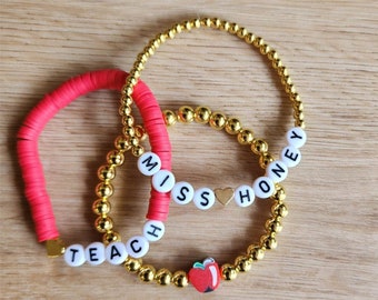 Teacher Bracelet Stack Set, Custom Teacher Bracelets, Teacher Gifts, Heishi Bracelets, Name Bracelet