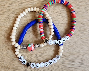 Male Teacher Bracelet Stack Set, Custom Teacher Bracelets for Man, Teacher Gifts, Heishi Bracelets, Name Bracelet