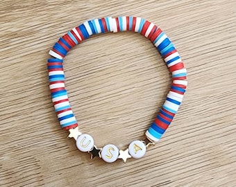 USA Beaded Bracelet, 4th of July Jewelry, Patriotic Gift, Red White Blue Bracelet, Independence Day Accessories, Military Gift Bracelet