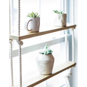 2-Tier Poplar / Natural Jute or White Cotton Rope / Hanging Shelf