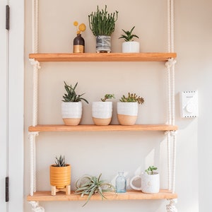 3-Tier Red Oak / White Cotton Rope / Hanging Shelf