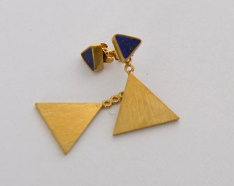 Gold plated lapis earrings, Lapis lazuli earrings, Silver lapis ear jackets, lapis stud earrings, lapis triangle earrings