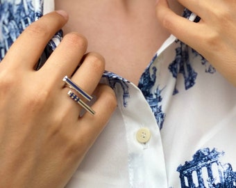 Lapis Lazuli Double Bar Ring on 925 Sterling Silver Handmade, stone cut lapislazuli parallel single strip and triple strips bars