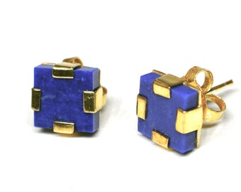 18kt Gold Plated Silver Finest Natural Lapis Lazuli Stud Earrings handmade by artisans chic, elegant and comfortable for everyday wear