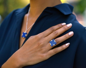 Contemporary Square Sterling Silver Lapis Lazuli Ring handmade by talented artisans