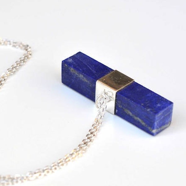 Lapis Lazuli Pendant on 295 Sterling Silver Handmade by Artisans + Handmade Silver Chain