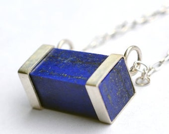 Block of High Quality Lapis Lazuli on 925 Sterling Silver Pendant + Handmade Silver Chain