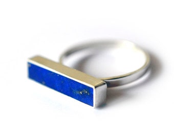 Lapis Lazuli Ring on 925 Sterling Silver Rectangle Shape