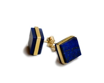 Modern Square Lapis Lazuli 18kt Gold Plated Silver Handmade Stud Earrings