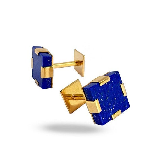 Square Lapis Lazuli 18kt gold vermeil handmdade cufflinks, elegant and valuable gift for men