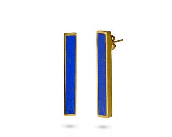 Rectangle Gold Plated Silver Lapis Lazuli Stud Earrings using Natural Stone