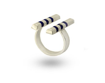 Lapis Lazuli Ring on 925 Sterling Silver Handmade Ring double parallel bars with triple lapis lazuli strips