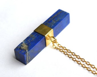 Block of Finest Natural Lapis Lazuli on 18kt Gold Plated Silver Pendant with gold plated silver chain