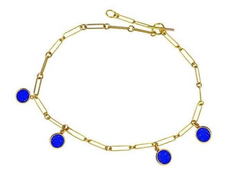 Gold Plated Brass Chain Bracelet with Lapis Lazuli Charms, Chic and Modern for Everyday Wear