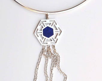 Hexagon cut lattice design sterling silver choker with natural stone lapis lazuli choker, Stock Clearance, Last Chance, 20% Sale