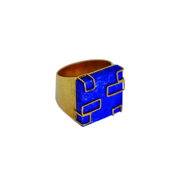 Lapis lazuli statement ring gold plated brass, geometric designer authentic handmade bold fine artistic statement ring