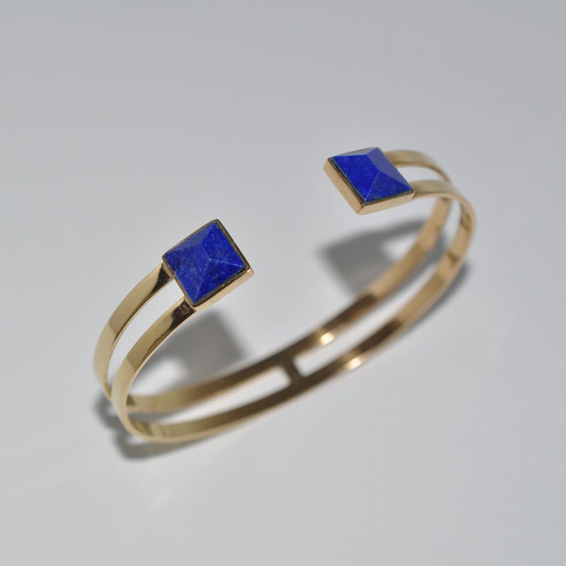 Lapis lazuli Gold Plated Brass Cuff, Lapis lazuli bracelet gold plated brass, Light chic cuff with natural stone image 5