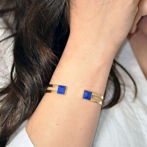 Lapis lazuli Gold Plated Brass Cuff, Lapis lazuli bracelet gold plated brass, Light chic cuff with natural stone image 3