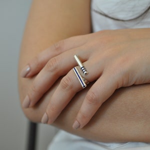 Lapis Lazuli Double Bar Ring on 925 Sterling Silver Handmade, stone cut lapislazuli parallel single strip and triple strips bars image 6