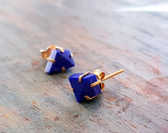 Goldplated Silver Lapis Lazuli Stud Earrings: Handmade Royal Blue Gem