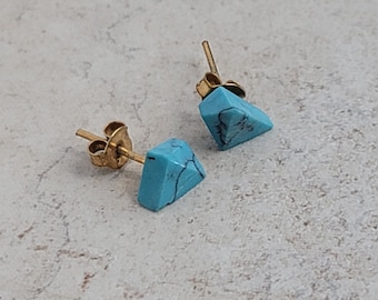 Turquoise stud earrings gold plated silver, Lapis lazuli stud earrings, White marble handmade earrings