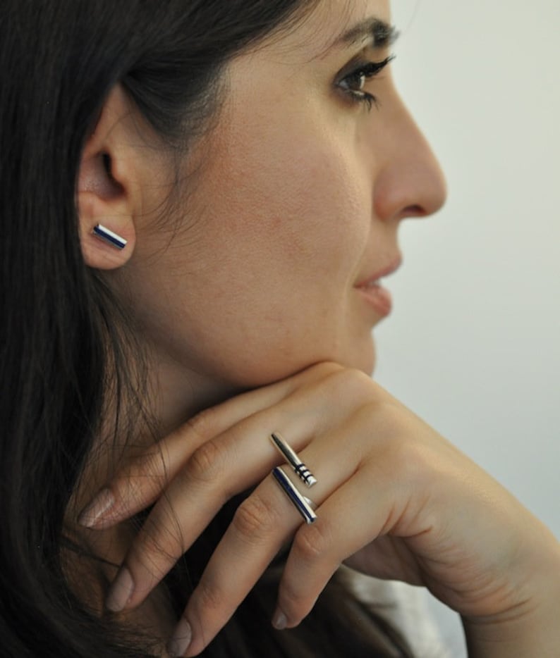 Lapis Lazuli Double Bar Ring on 925 Sterling Silver Handmade, stone cut lapislazuli parallel single strip and triple strips bars image 4